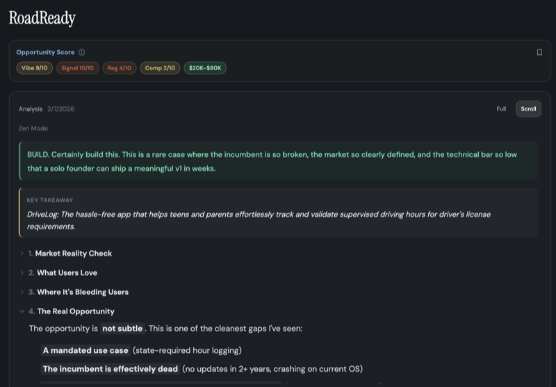 Deep-dive analysis with opportunity scores and BUILD suggestions
